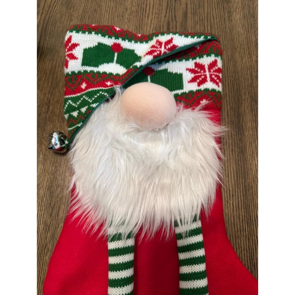 3D Gnome Christmas Stocking Long Dangling Legs Bell Accent and Beard Full Size - Picture 2 of 5